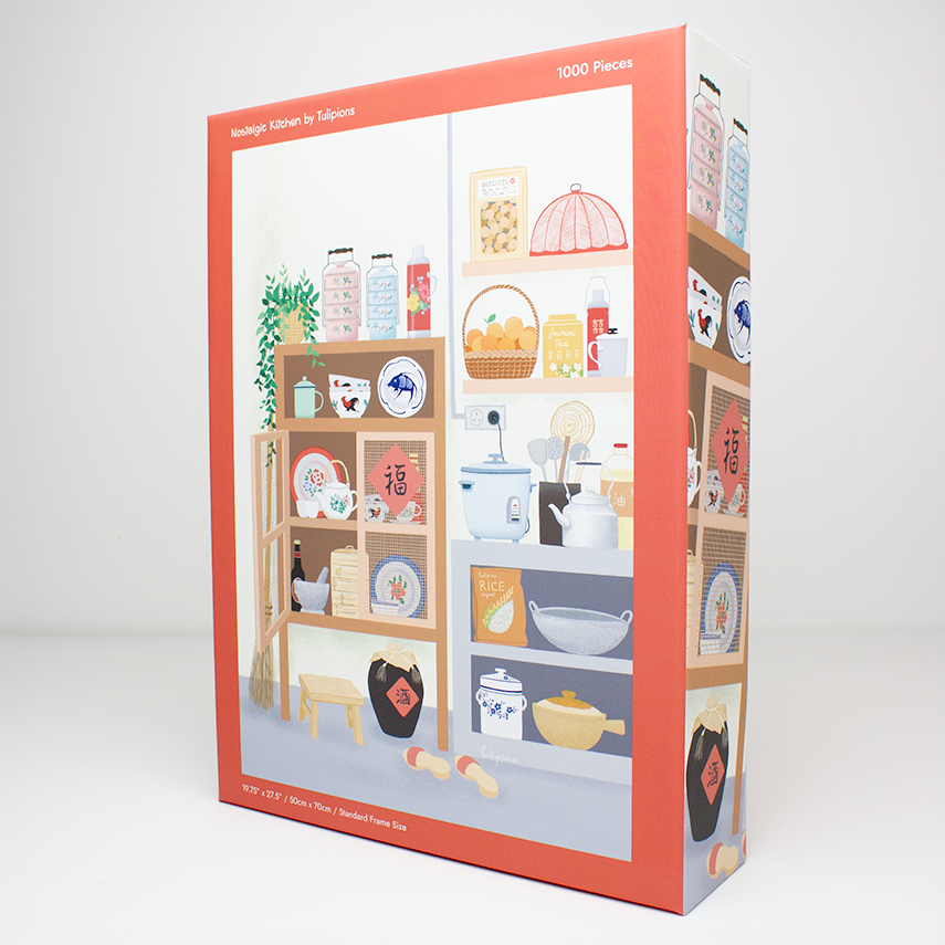 Puzzle box with a design of a kitchen shelf on a white background