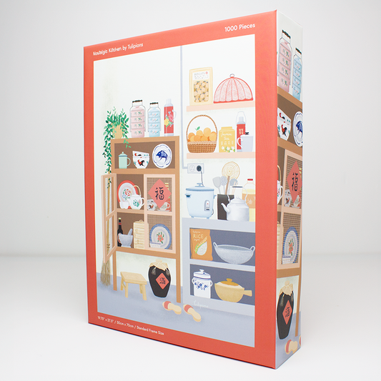 Puzzle box with a design of a kitchen shelf on a white background