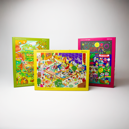 Three colorful children's puzzles on a white background