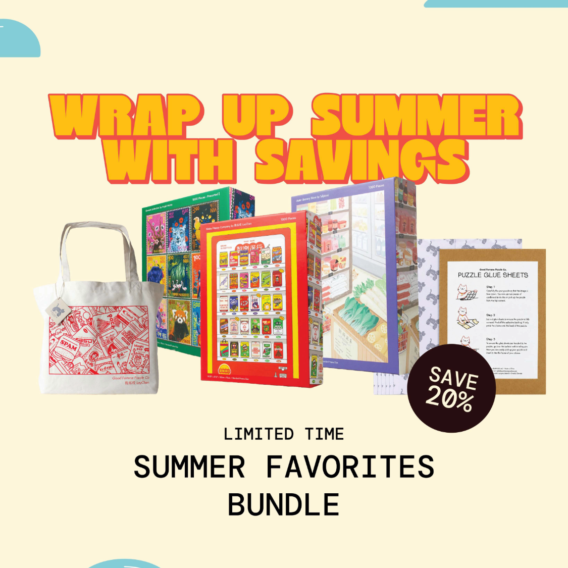 Promotional graphic for a summer favorites bundle, featuring a white tote bag with red text, colorful jigsaw puzzle boxes, a grocery shopping bag, a puzzle tile sheet, and a black circular badge that says 'SAVE 20%'. The background is a pale cream color with blue cloud illustrations and bold orange and black text.